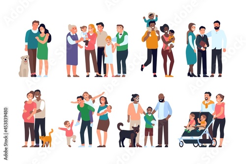 Happy families. Big people groups different ages, generations, portraits children and adults, parents and grandparents with kids. Vector set