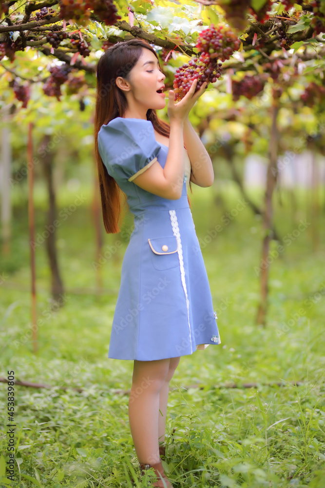 Beautiful women attractive stylish long hair being happy and having fun in vineyard her vacation. Beautiful women attractive stylish long hair being happy and having fun in vineyard her vacation.