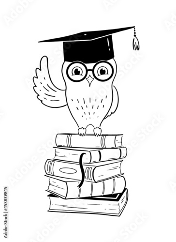 Owl on books wearing mortarboard
