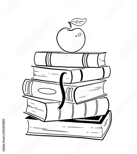 Vector line art illustration of apple on books