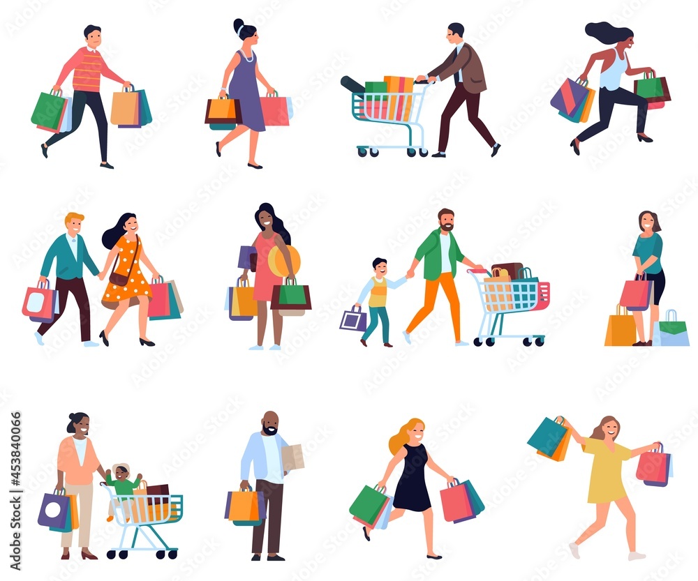 Shopping people. Men and women with shopper bags, consumers during period of discounts and sales, boutiques and shops visitors. Vector set