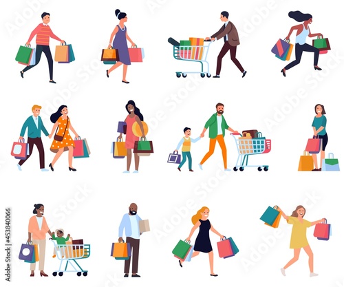 Shopping people. Men and women with shopper bags, consumers during period of discounts and sales, boutiques and shops visitors. Vector set photo
