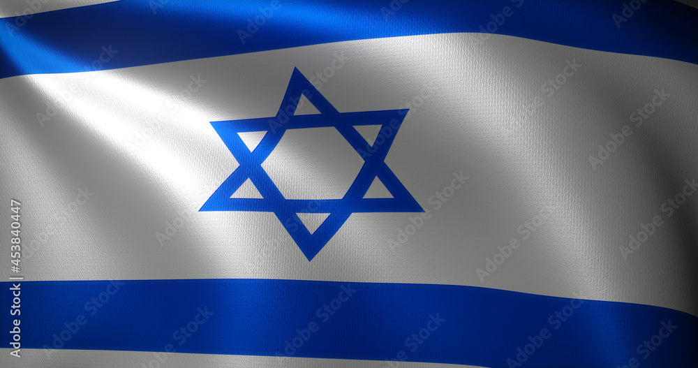 Israel Flag with waving folds, close up view, 3D rendering Israel Flag with waving folds, close up view, 3D rendering