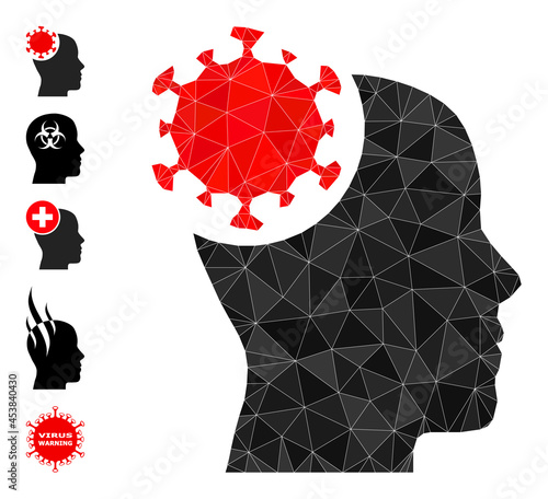 Triangle head virus polygonal icon illustration, and similar icons. Head Virus is filled with triangles. Lowpoly head virus constructed with chaotic filled triangles.
