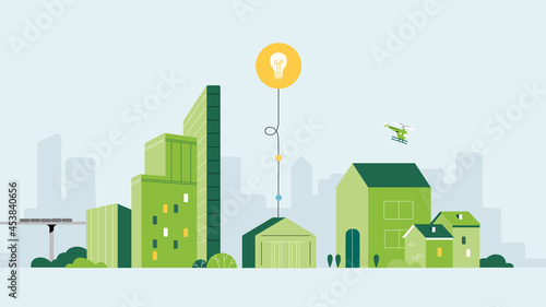 Urban landscape with modern buildings, skyscrapers. Simple minimal geometric flat style with green color theme