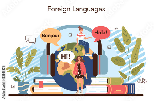 Language school. Professor teaching foreign languages. Students learning