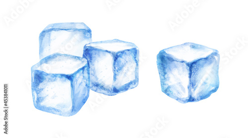 Watercolor isolated illustrations of ice cubes