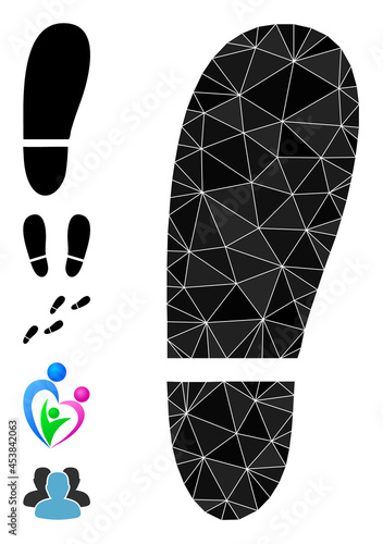 Triangle human foot print polygonal symbol illustration, and similar icons. Human Foot Print is filled with triangles. Low-poly human foot print combined with scattered color triangles.