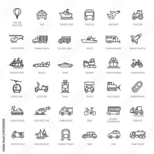 Transport  vehicle and delivery elements - minimal thin line web icon set