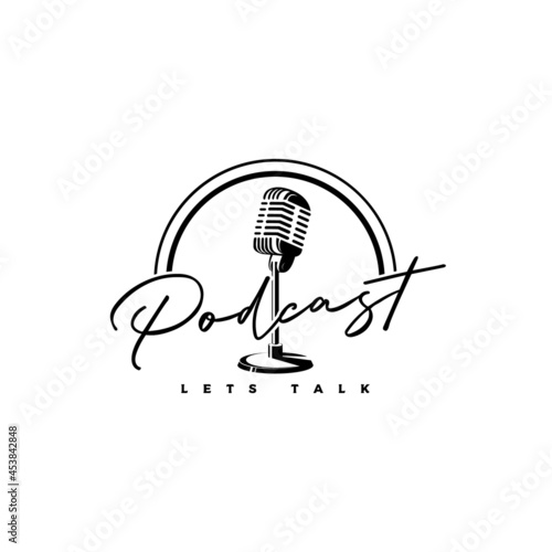 vintage microphone podcast logo design vector