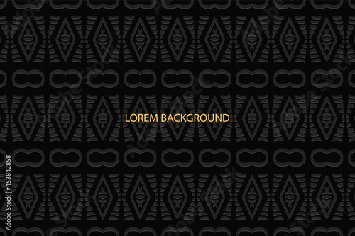 3D volumetric convex embossed geometric black background. Ethnic vintage pattern. Abstract national ornament in the style of arabesque. Oriental, Asian, Indonesian, Mexican, Aztec motives.