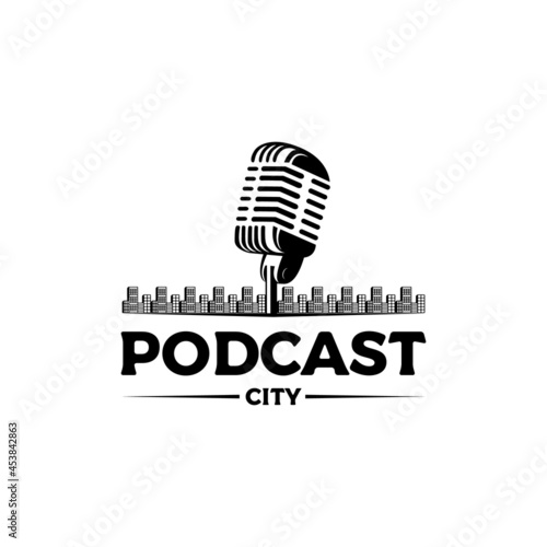 vintage microphone city podcast logo design vector