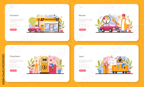 Refueler web banner or landing page set. Gas station worker in uniform