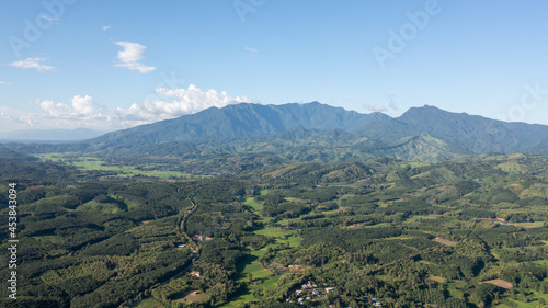 An aerial view of beautiful forest and mountain views. on a clear day Famous mountains of Nan Province  Northern Thailand  Doi Phu Kha