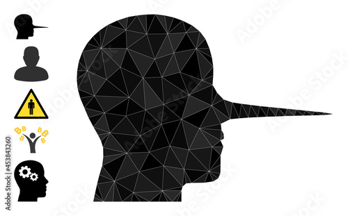 Triangle liar person polygonal symbol illustration, and similar icons. Liar Person is filled with triangles. Lowpoly liar person combined with randomized filled triangles.