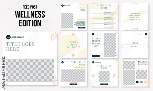 Set of editable social media instagram post wellness, therapy, meditation, holistic with blue design vector template ai and eps10