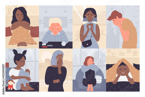Sad persons, lonely people cry set vector illustration. Cartoon upset unhappy kids, depressed child and adult young man and woman character crying alone, human mental problem collection background