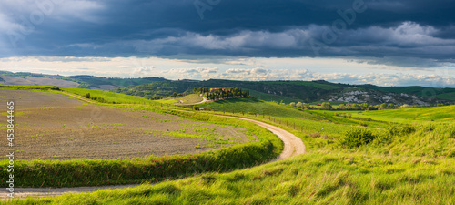 Unique green landscape in Tuscany, Italy. Dramatic sunset sky, dirt road crossing cultivated hill range and cereal crop fields.