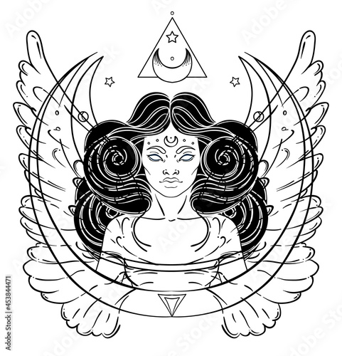 African American magic woman holding all seeing eye with rays. Vector Illustr...