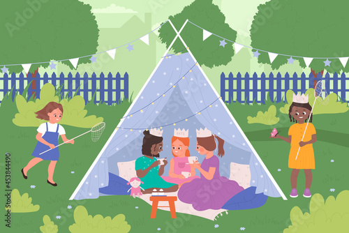 Kids play together in tepee tent, house camp in summer park vector illustration. Cartoon happy cute child characters have fun time on picnic, girls wearing princess dresses, drinking tea background