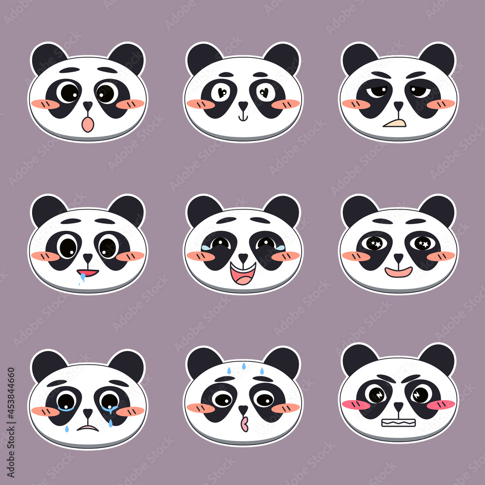 Set of cute panda faces with different facial expressions. Design for sticker, emoji, emoticon