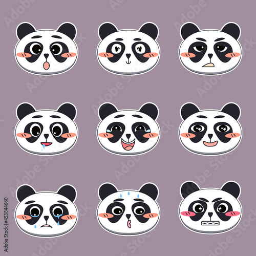 Set of cute panda faces with different facial expressions. Design for sticker  emoji  emoticon