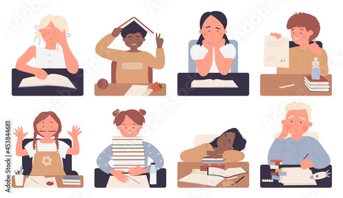Kids pupils of primary school study vector illustration set isolated. Cartoon cute boy and girl child education characters sitting with books, learning, thinking tired of studying