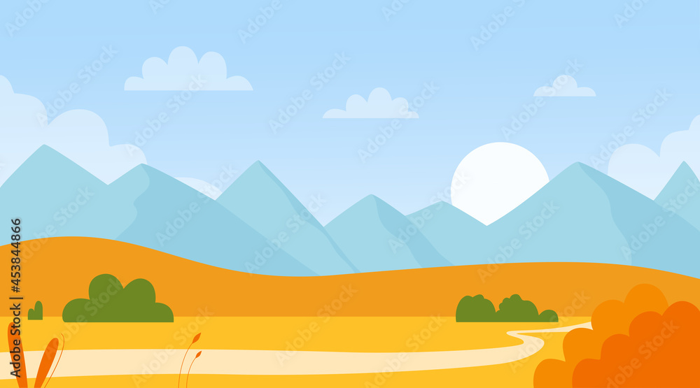 Mountain autumn nature, simple landscape vector illustration. Cartoon natural land in orange blue colors, trees on hills, mountains in distance and clouds in sky, minimal fall scenery background