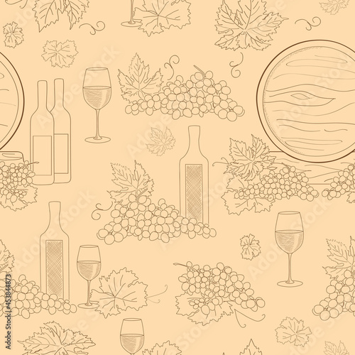 light beige seamless pattern with grapes and wineglasses - vector grape background