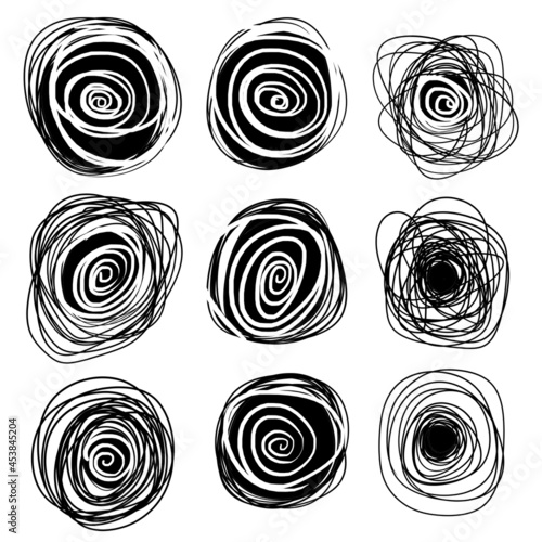 Sketch circle. Black ring set. Abstract geometric shape. Chaotic tangled line.