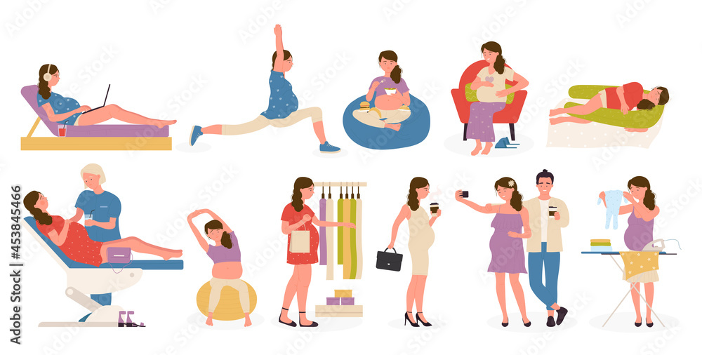 Pregnant woman in different activity, healthy lifestyle set vector illustration. Cartoon smiling lady character eating or resting, doing sport or yoga exercises, happy pregnancy isolated on white