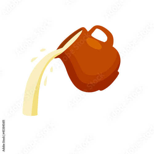 Clay pot. Earthenware jug pours milk. Bowl with handle. Ceramic tableware. Vintage rustic cookware. Rural drink