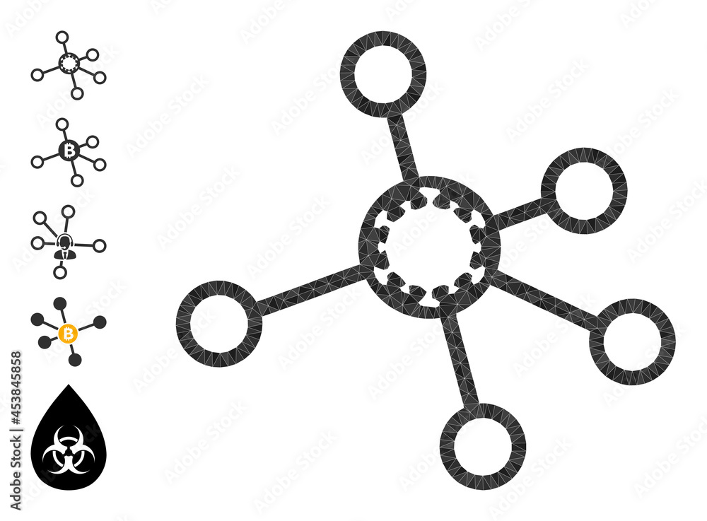 Obraz premium Triangle virus nodes polygonal 2d illustration, and similar icons. Virus Nodes is filled with triangles. Low-poly virus nodes constructed from random filled triangles.