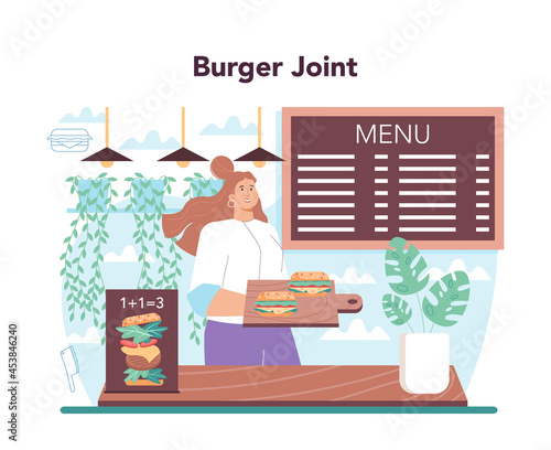 Fast food, burger house concept. Chef cook tasty hamburger