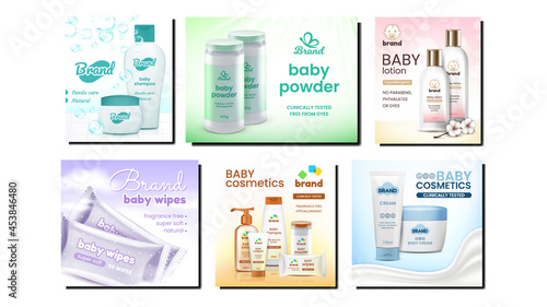 Baby Cosmetics Promotional Posters Set Vector. Shampoo And Gel, Lotion And Cream, Wet Wipes And Powder Baby Cosmetics Blank Packages Collection Advertise Banners. Style Concept Layout Illustrations