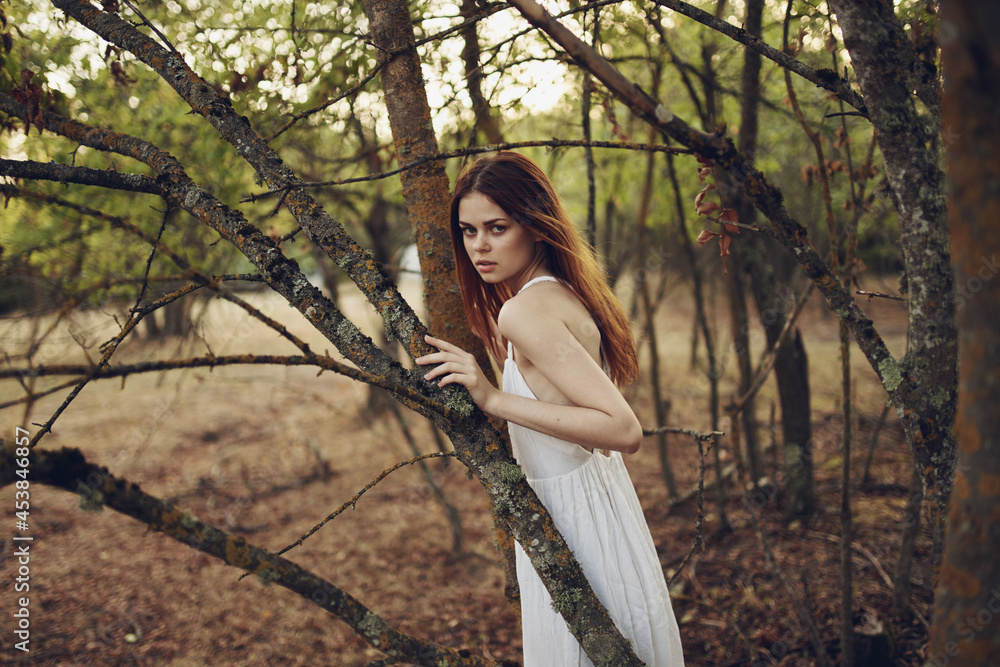 woman in forest summer white dress nature fresh air woman in forest summer white dress nature fresh air