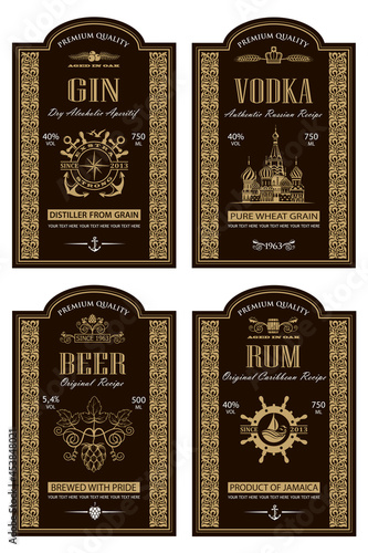 collection of vodka, gin, beer and rum labels isolated on white background