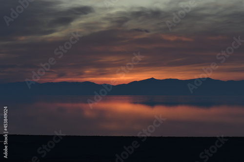 Sunset and reflection on Antelope Island, Utah