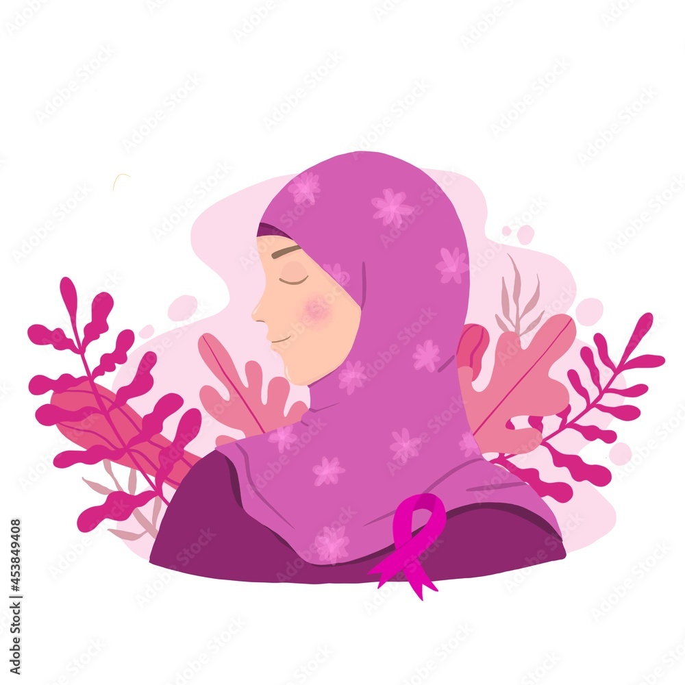 hand drawn breast cancer awareness illustration with a woman in hijab and floral around