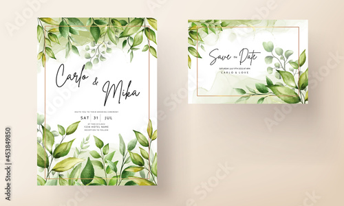 Elegant wedding invitation card with beautiful watercolor leaves