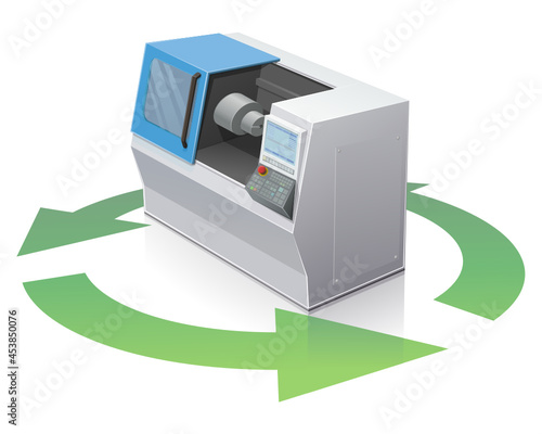 CNC machine tool and its recycling with green arrows symbol