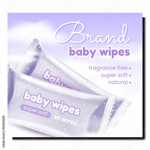 Baby Wipes Blank Bags Promotional Poster Vector. Baby Wipes From Natural Soft Materials, Hygiene Sanitary Wet Napkin Packages On Advertising Banner. Style Concept Template Illustration