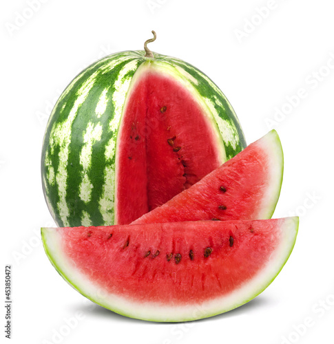 Ripe sweet juicy watermelon and watermelon slices isolated on white background. Fresh fruits.