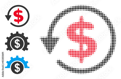 Halftone dollar refund. Dotted dollar refund designed with small round pixels. Vector illustration of dollar refund icon on a white background. Halftone array contains round pixels.