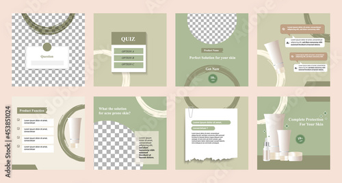 Minimal modern fashion and beauty social media post banner collection kit in green color. Including sale, photo isolated product display, tips template layout design with botanical leaf elements.
