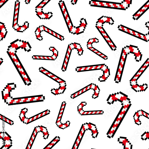 Beautiful pixelated red candy canes isolated on white background. Cute seamless pattern. Vector simple flat graphic illustration. Texture.