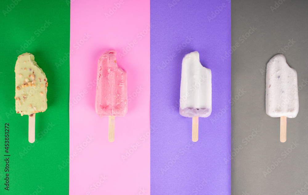 Collection, taro, strawberry, , purple, pink, bean, green tea. ice cream set on colorful background Collection, taro, strawberry, , purple, pink, bean, green tea. ice cream set on colorful background