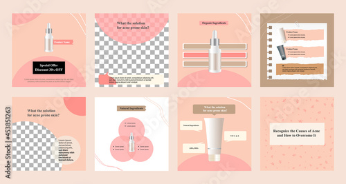 Minimal modern fashion and beauty social media post banner collection kit in pink color. Including sale, photo isolated product display, tips template layout design with botanical leaf elements.