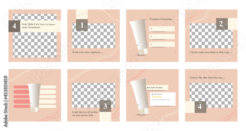 Minimal modern fashion and beauty social media post banner collection kit in pink color. Including sale, photo isolated product display, tips template layout design with botanical leaf elements.