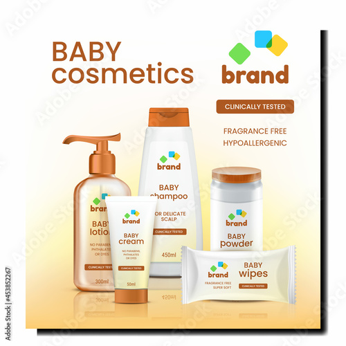 Baby Cosmetics Set Creative Promo Poster Vector. Blank Shampoo Container Lotion Bottle With Pump And Cream Tube, Wipes Bag And Powder Cosmetics Advertising Banner. Style Concept Template Illustration